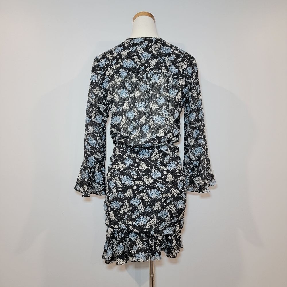 VERONICA BEARD Sean Silk Mini Dress Sz 2 Blue Black Floral Bell Sleeve Sheer - Picture 2 of 12